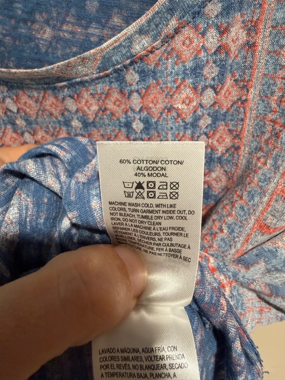 Lucky Brand Blue & Coral Geometric Short Sleeve Tee Bohemian Size M Cotton Blend - Picture 5 of 5